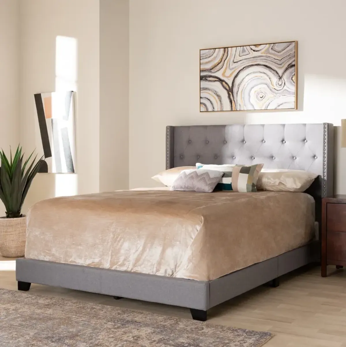 Heston Queen Upholstered Bed - Light Gray