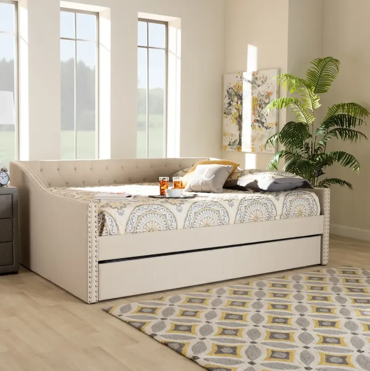 Taite Queen Upholstered Daybed with Trundle - Beige