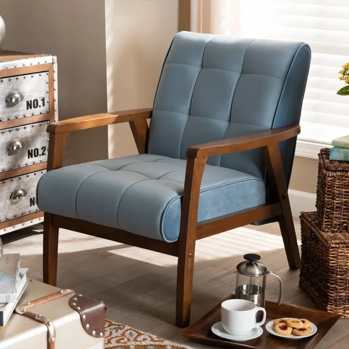 Belinda Accent Chair - Light Blue/Walnut