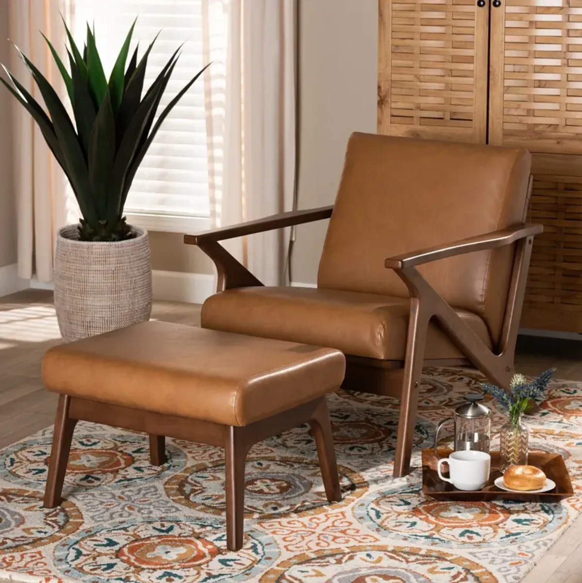 Andrea Accent Chair and Ottoman - Tan/Walnut Brown