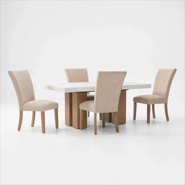 Artemis Marble Dining Table and 4 Upholstered Dining Chairs - White Marble/Beige