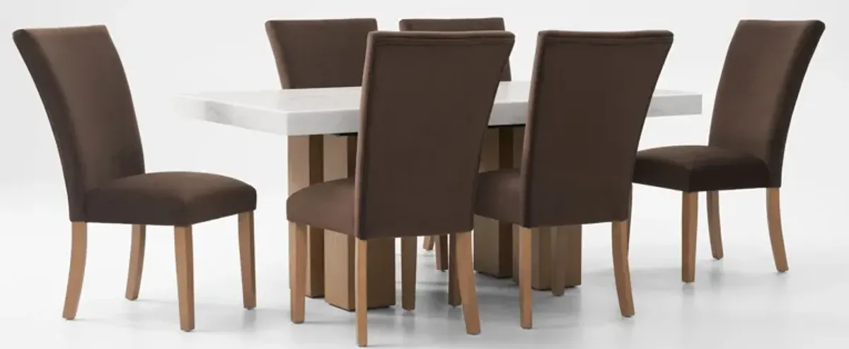 Artemis Marble Dining Table and 6 Upholstered Dining Chairs - White Marble/Brown