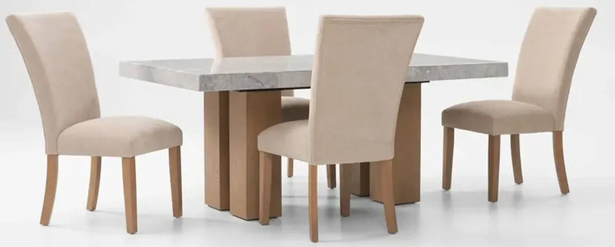 Artemis Marble Dining Table and 4 Upholstered Dining Chairs - Gray Marble/Beige