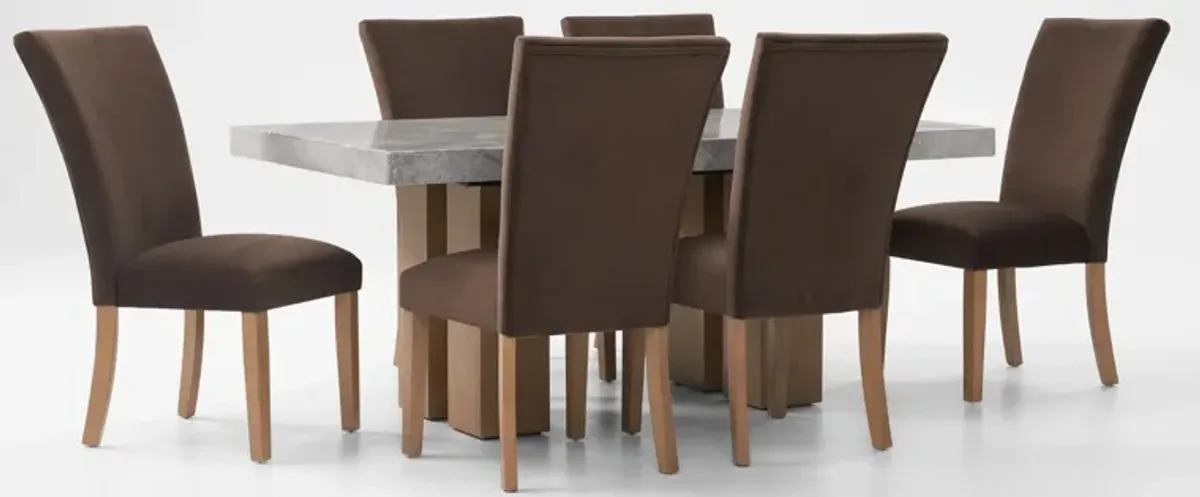 Artemis Marble Dining Table and 6 Upholstered Dining Chairs - Gray Marble/Brown/Natural Legs