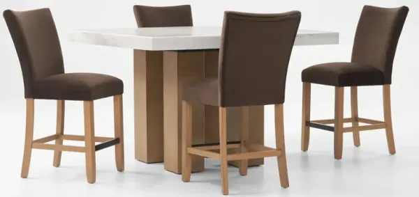 Artemis Marble Counter-Height Dining Table and 4 Upholstered Stools - White Marble/Brown