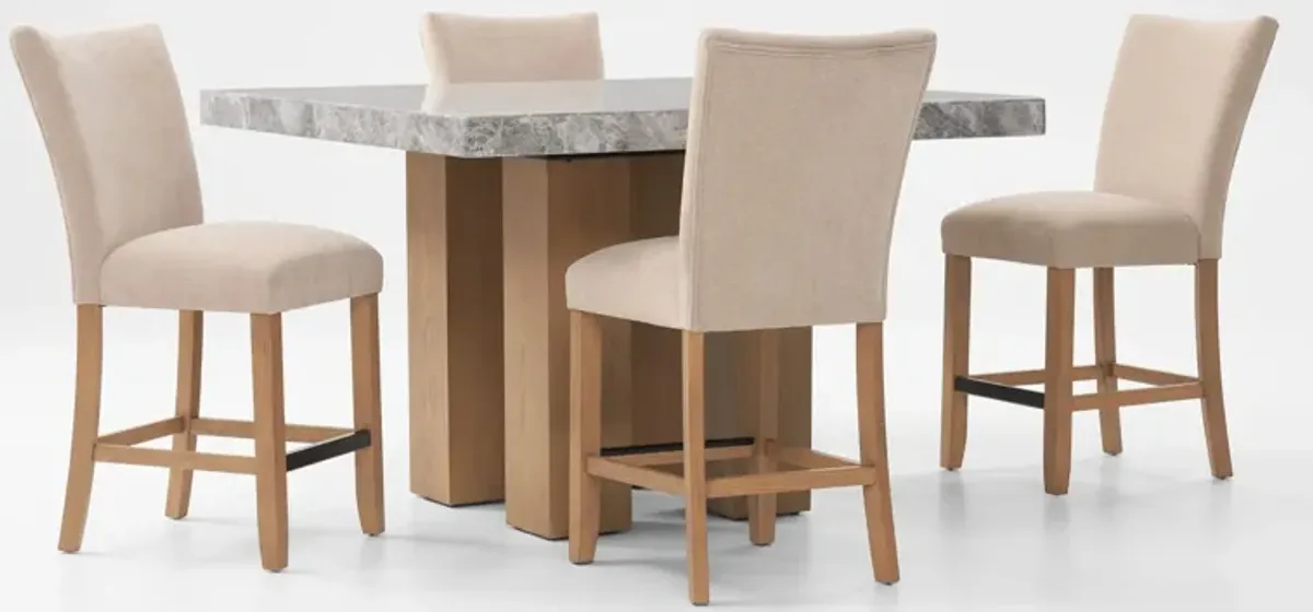 Artemis Marble Counter-Height Dining Table and 4 Upholstered Stools - Gray Marble/Beige