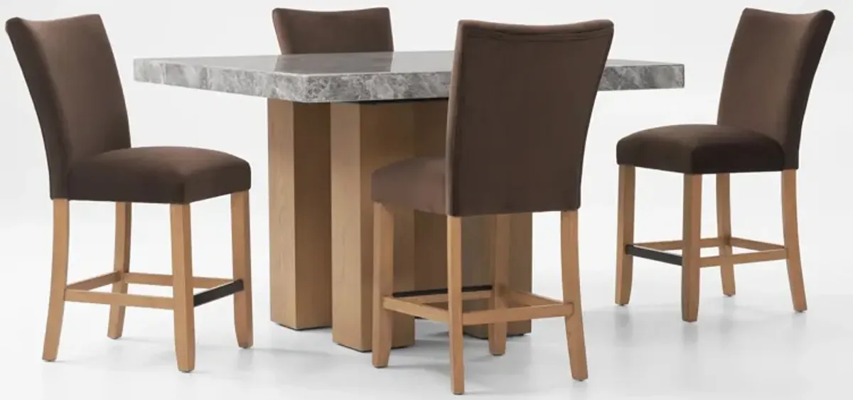 Artemis Marble Counter-Height Dining Table and 4 Upholstered Stools - Gray Marble/Brown/Natural Legs