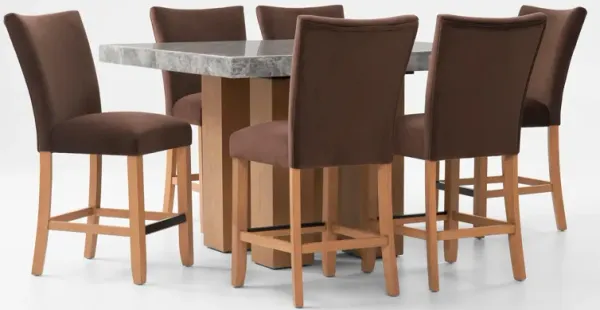 Artemis Marble Counter-Height Dining Table and 6 Upholstered Stools - Gray Marble/Brown/Natural Legs