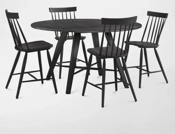 Hayward Solid Wood Convertible Counter-Height Dining Table & 4 Windsor-Back Stools - Black