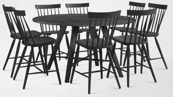 Hayward Solid Wood Convertible Counter-Height Dining Table & 8 Windsor-Back Stools - Black