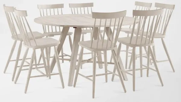 Hayward Solid Wood Convertible Counter-Height Dining Table & 8 Windsor-Back Stools - White