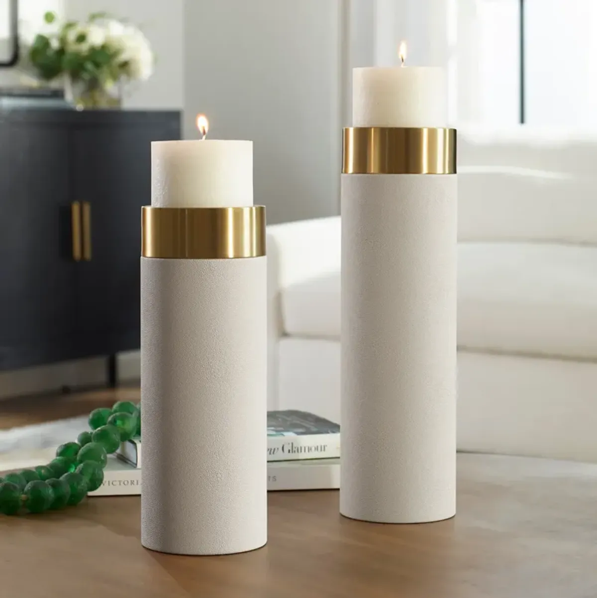 Yuma Set of 2 Candleholders - White/Gold