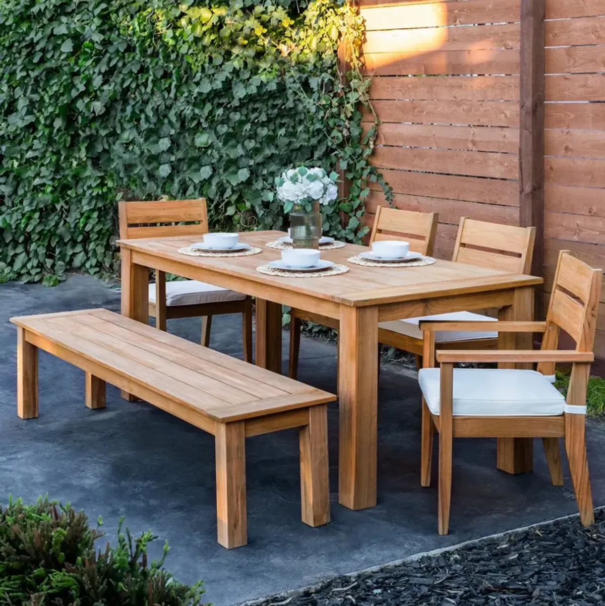 Long Beach Outdoor Dining Table, 2 Dining Armchairs, 2 Dining Chairs and Bench