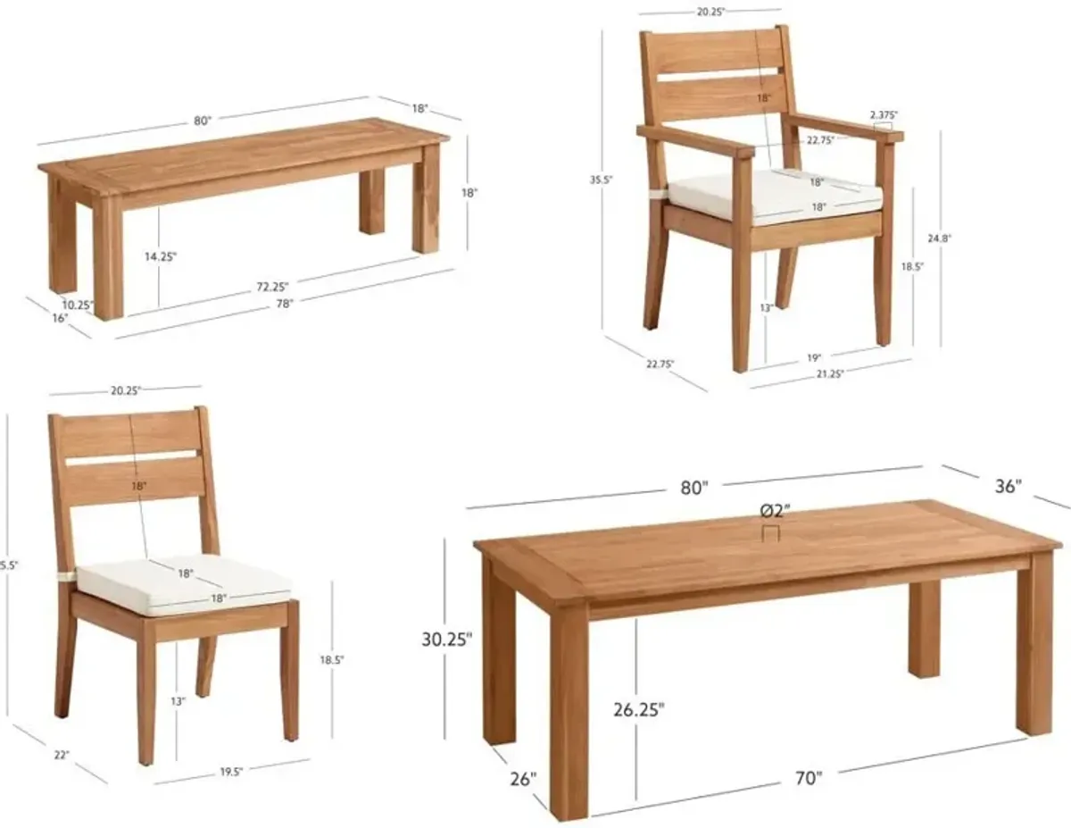 Long Beach Outdoor Dining Table, 2 Dining Armchairs, 2 Dining Chairs and Bench