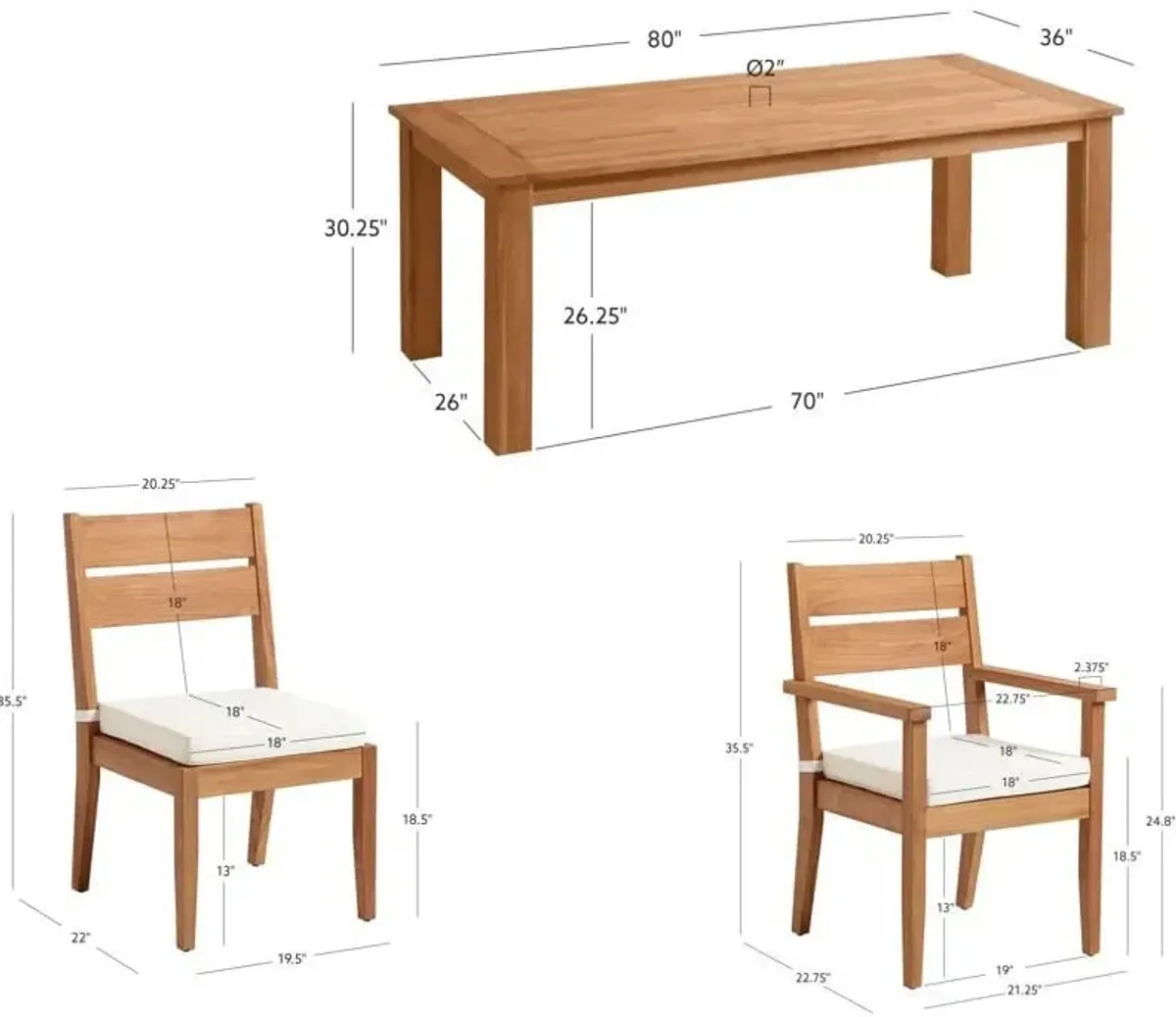 Long Beach Outdoor Dining Table, 2 Dining Armchairs and 4 Dining Chairs