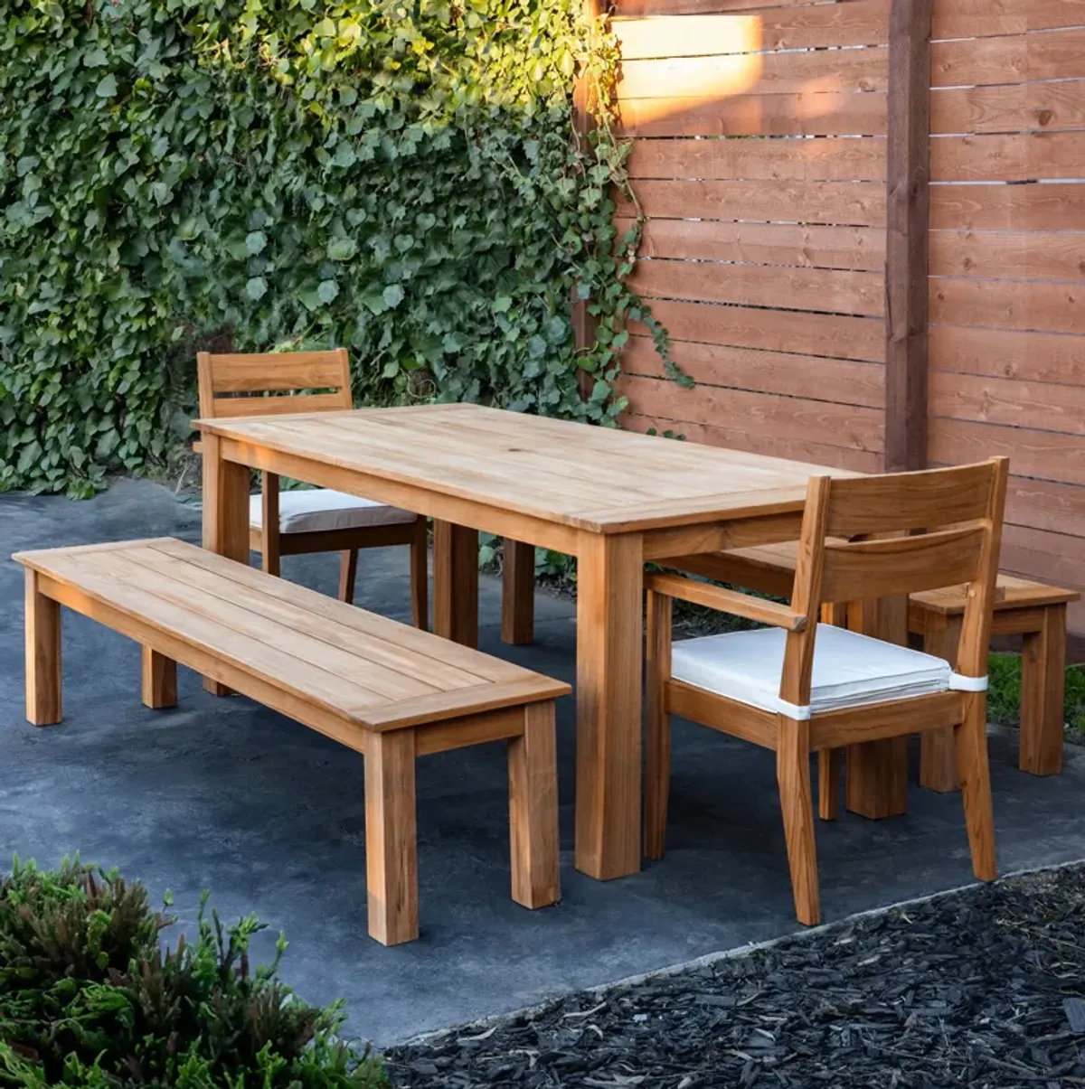 Long Beach Outdoor Dining Table, 2 Dining Armchairs and 2 Benches