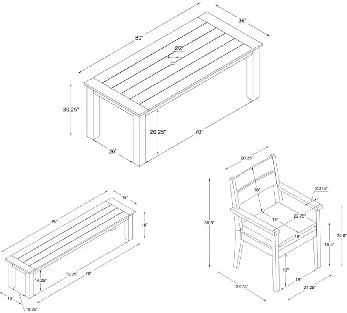 Long Beach Outdoor Dining Table, 2 Dining Armchairs and 2 Benches