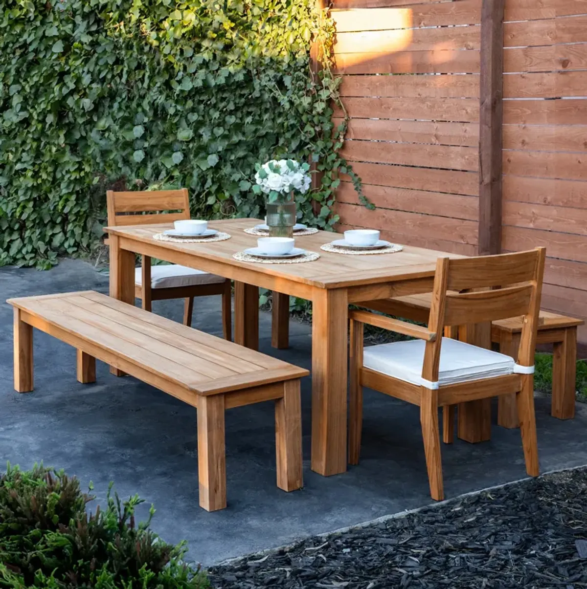 Long Beach Outdoor Dining Table, 2 Dining Armchairs and 2 Benches