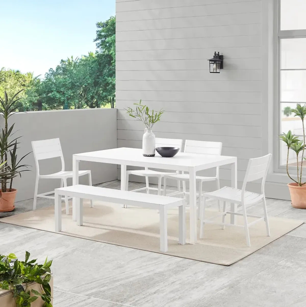 South Hampton Outdoor Dining Table, 4 Dining Chairs and Bench - White