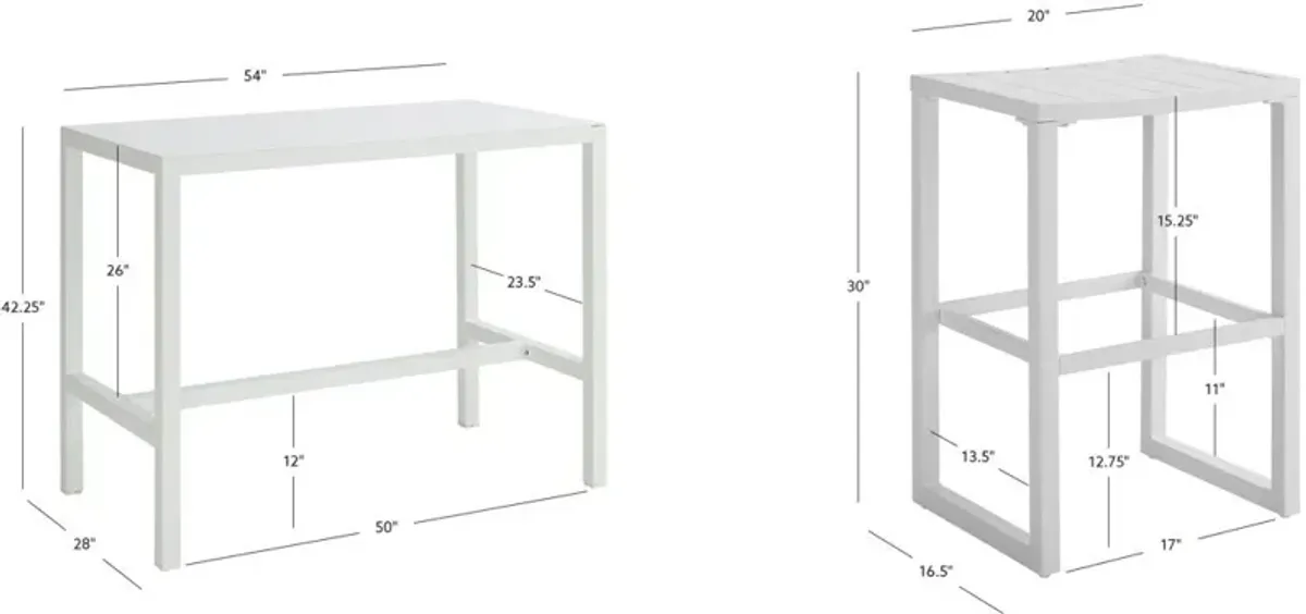 South Hampton Outdoor Bar Table and 2 Bar Stools - White