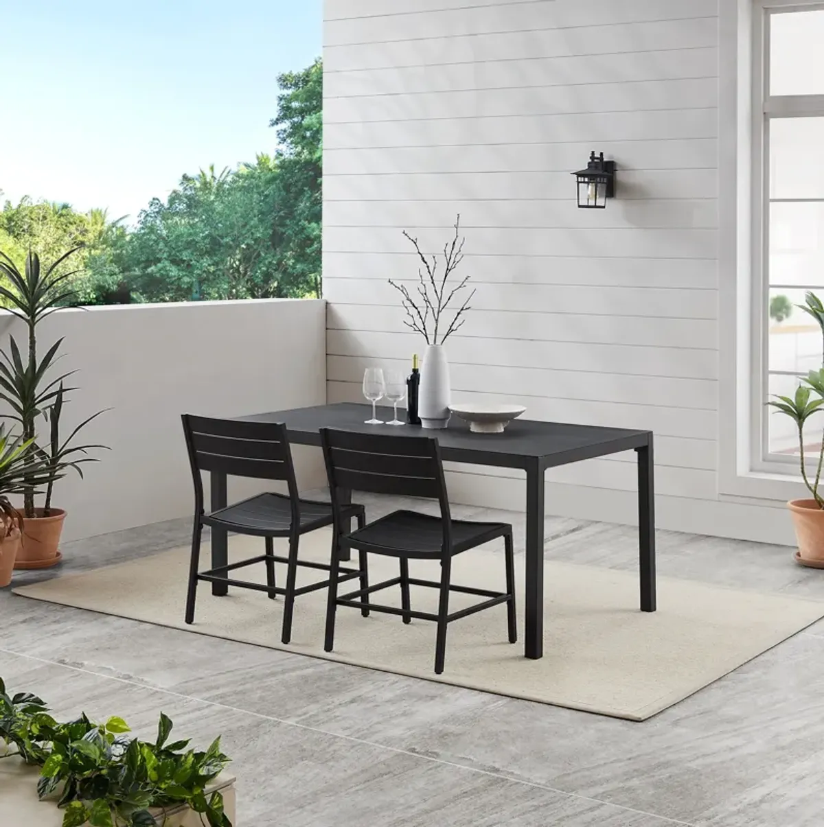 South Hampton Outdoor Dining Table, 4 Dining Chairs and Bench - Black