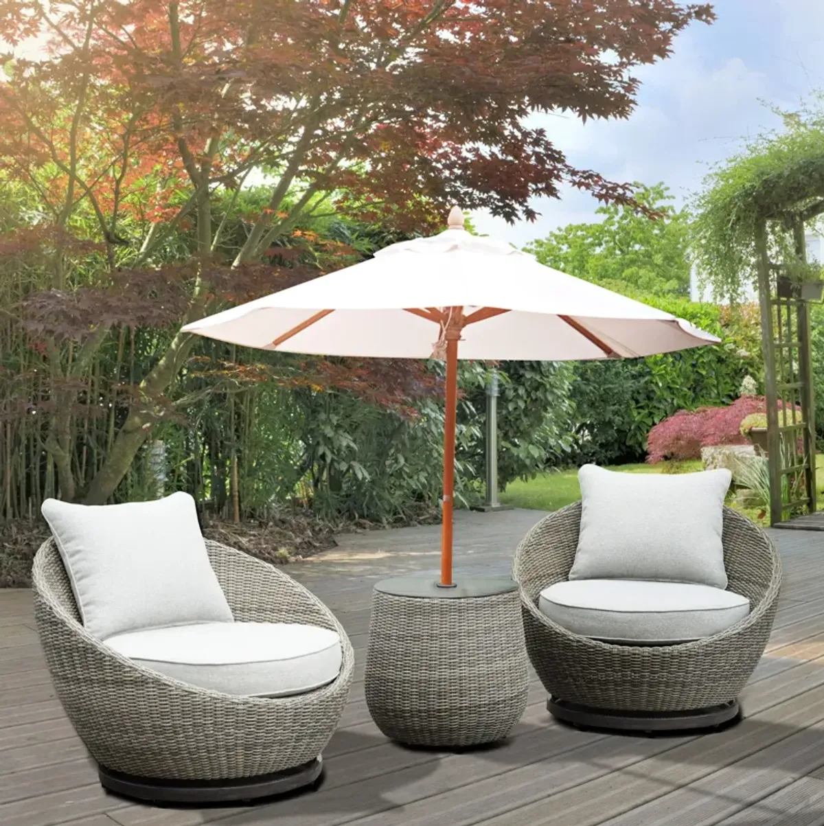 Coastal Set of 2 Outdoor Swivel Chairs and Side Table