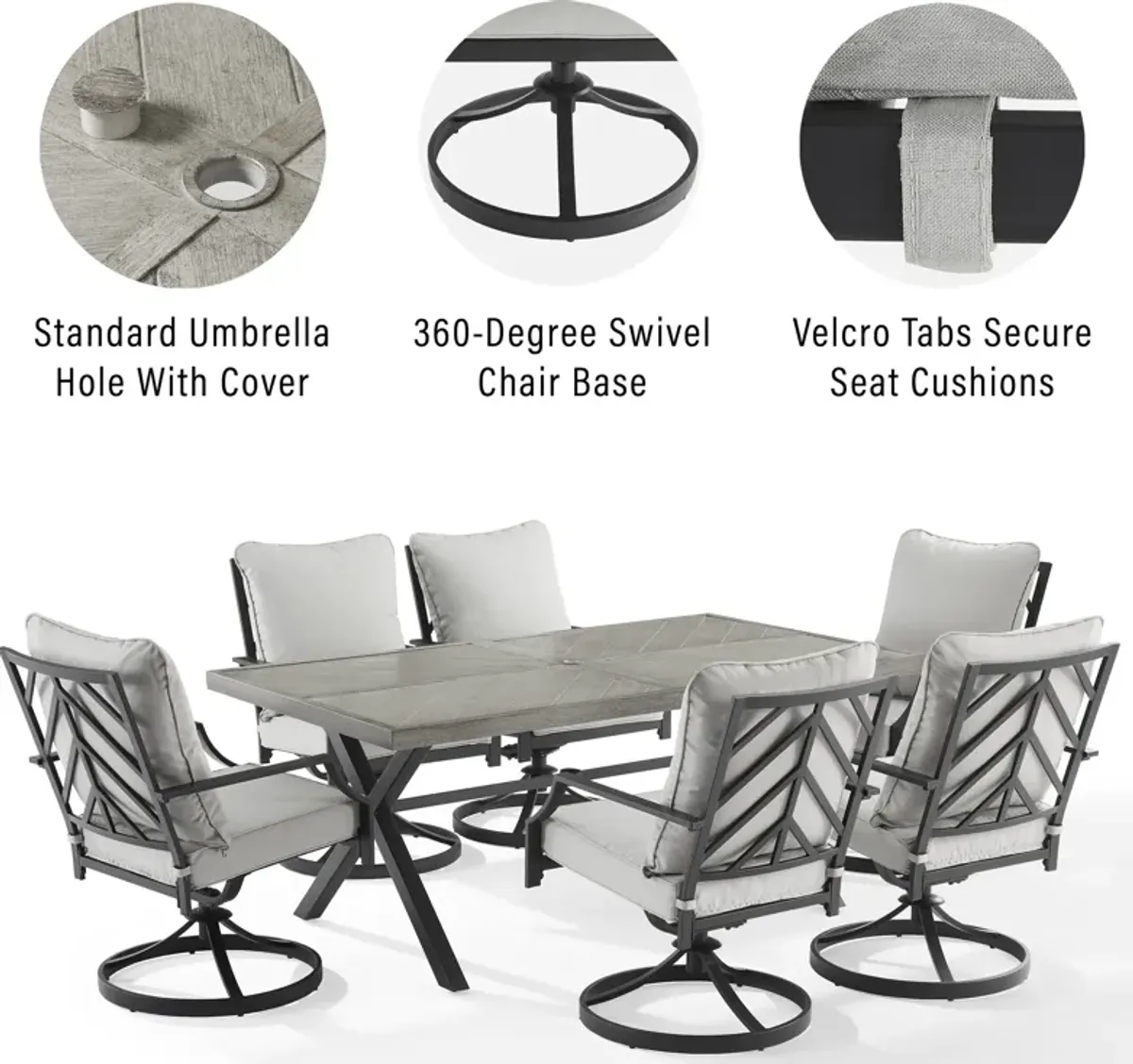 Boise Outdoor Dining Table and 6 Swivel Dining Chairs