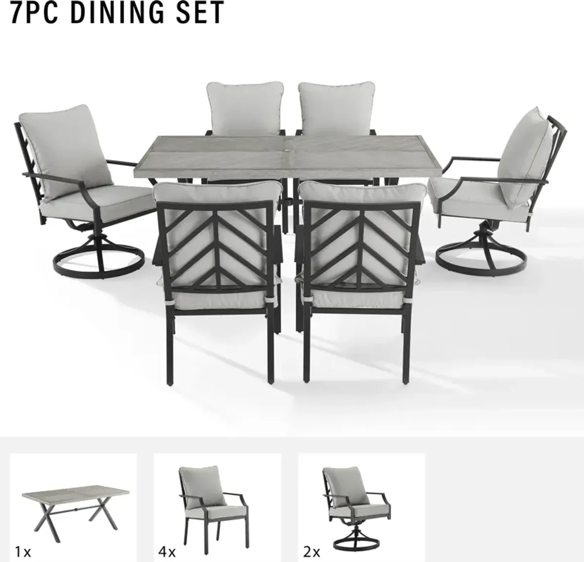 Boise Outdoor Dining Table, 4 Dining Chairs and 2 Swivel Dining Chairs