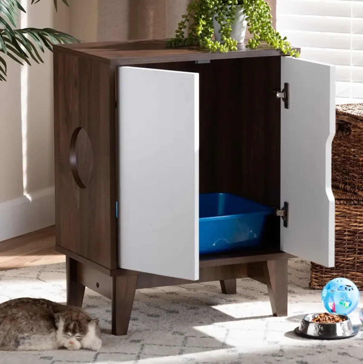 Oliver Litter Box Enclosure - Walnut/White