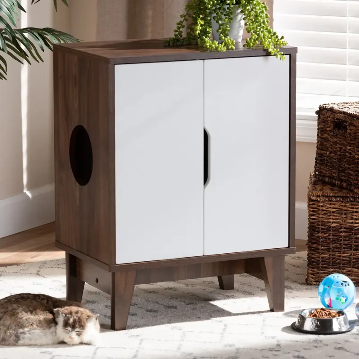 Oliver Litter Box Enclosure - Walnut/White