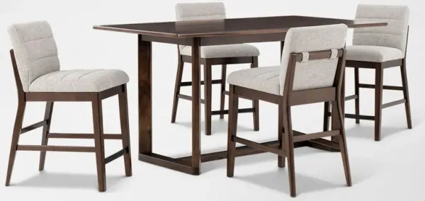 Boca Solid Wood Counter-Height Dining Table and 4 Upholstered Stools - Brown