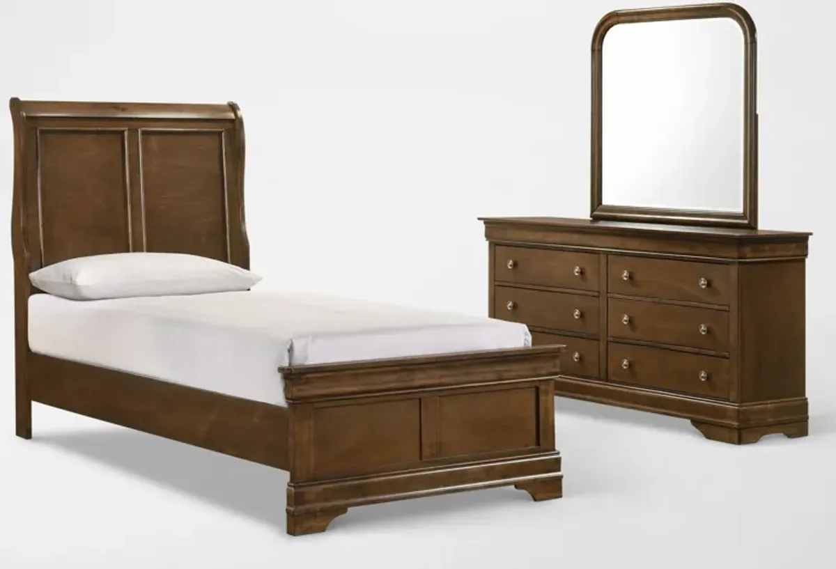 Louis 5-Piece Panel Bedroom Set with Dresser and Mirror - Twin