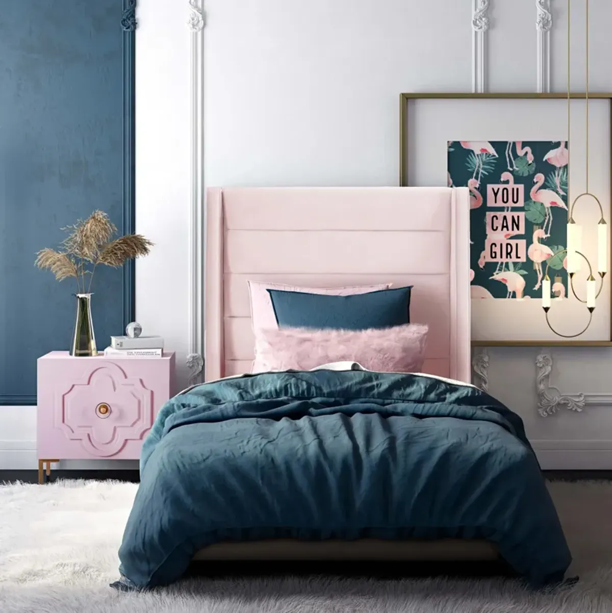 Darcy Twin Upholstered Platform Bed - Pink