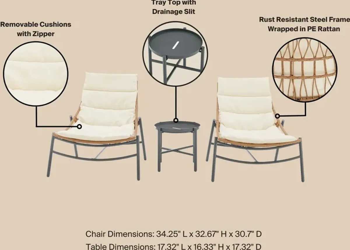 Waikiki Set of 2 Outdoor Lounge Chairs and End Table - Cream