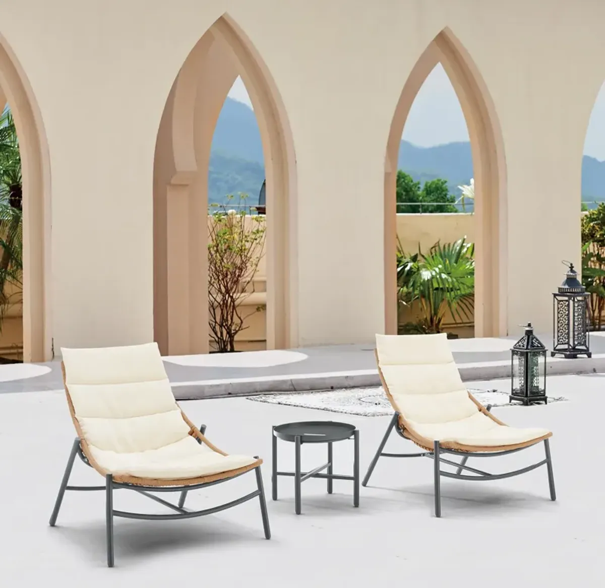 Waikiki Set of 2 Outdoor Lounge Chairs and End Table - Cream