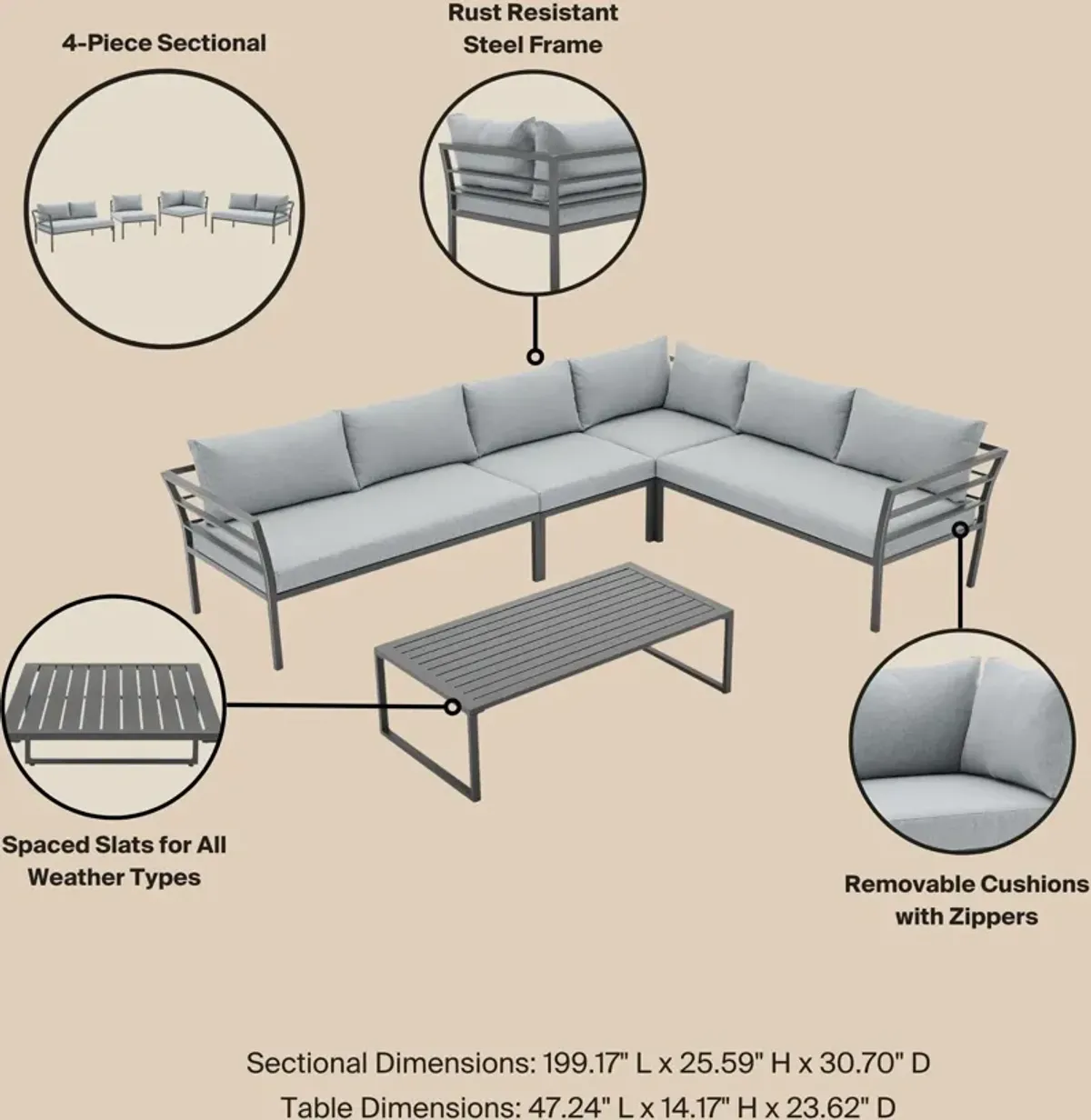 Maui Outdoor 4-Piece Sectional and Coffee Table Set - Gray