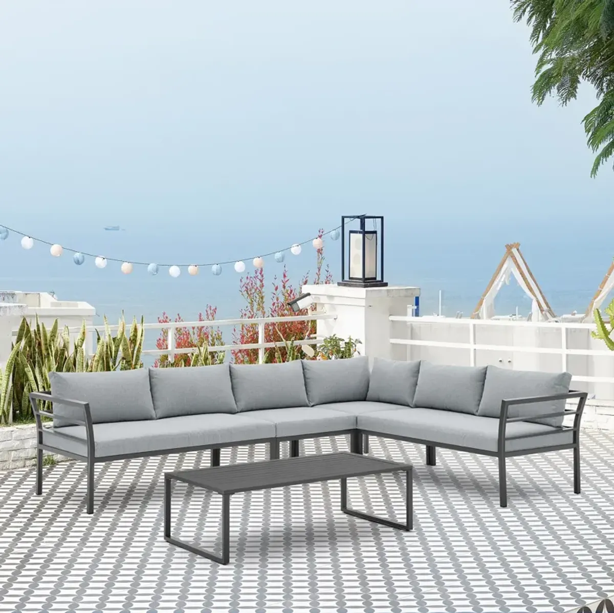 Maui Outdoor 4-Piece Sectional and Coffee Table Set - Gray