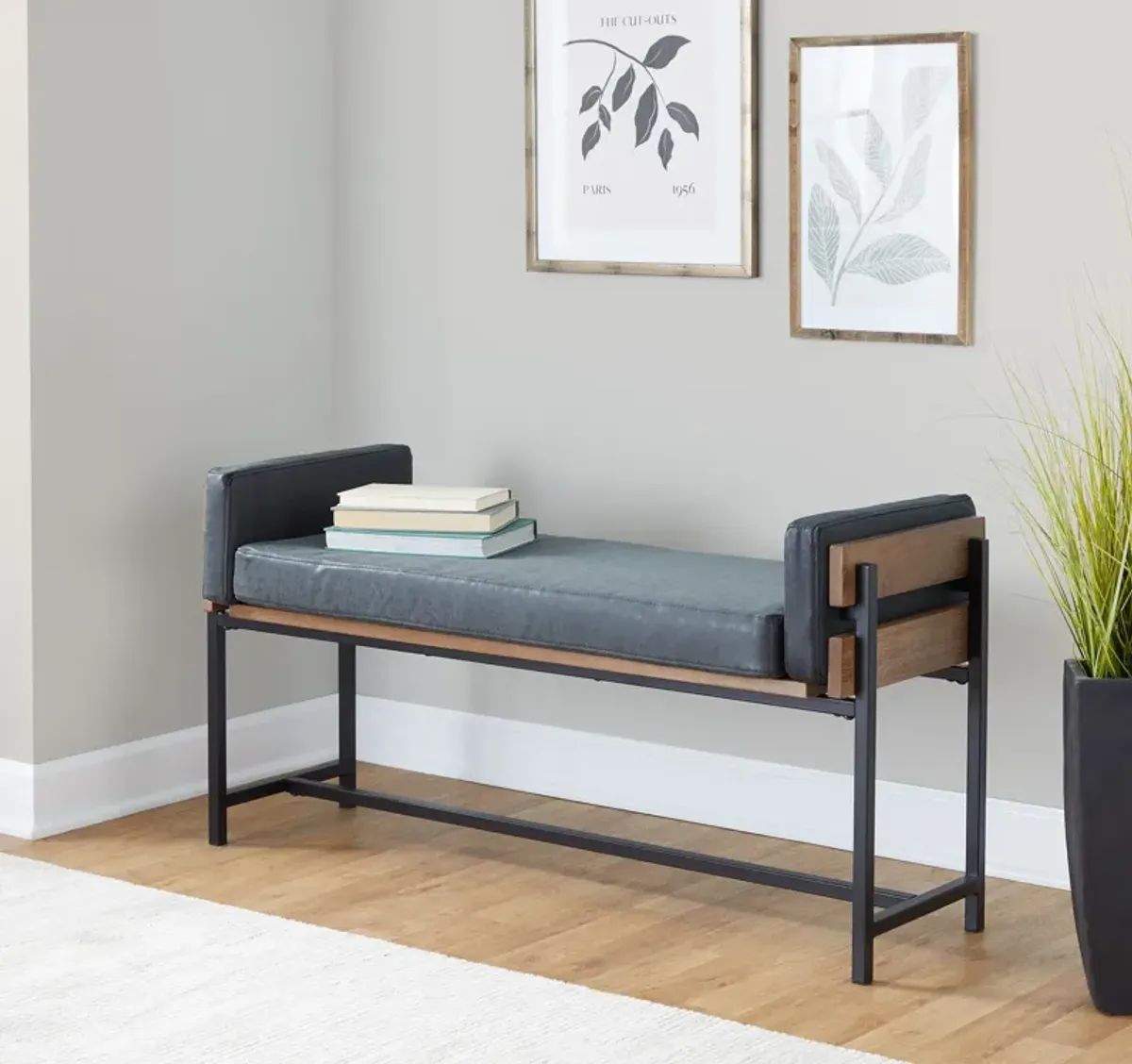 Kari Upholstered Bench - Black Vegan Leather/Brown