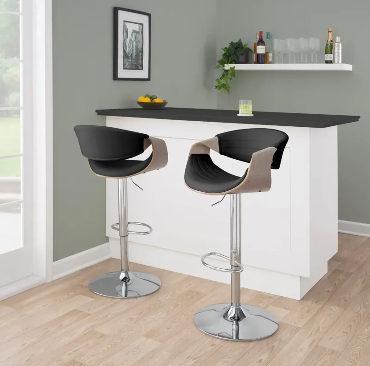 Leo Set of 2 Adjustable Swivel Bar Stools - Black Vegan Leather/Gray