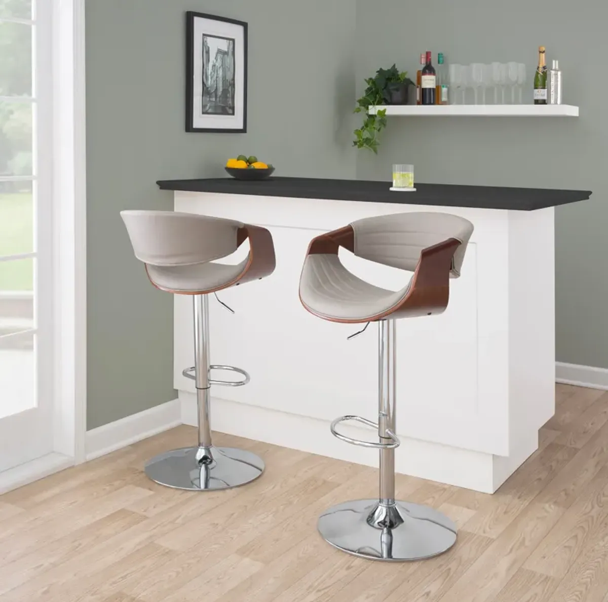 Leo Set of 2 Adjustable Swivel Bar Stools - Gray Vegan Leather/Walnut