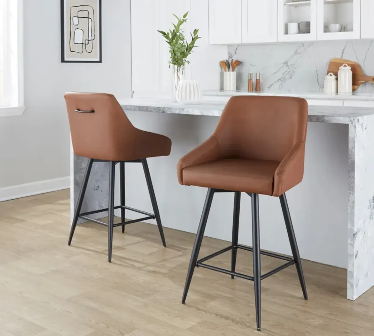 Neo Set of 2 Counter-Height Swivel Stools with Metal Base - Brown Vegan Leather