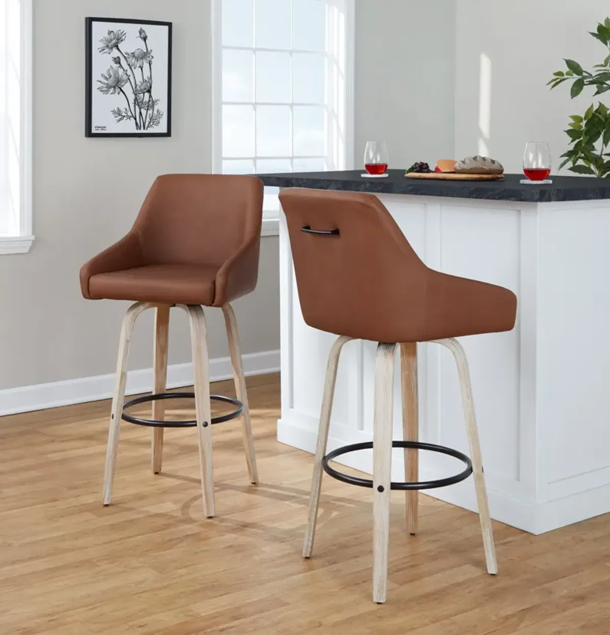 Neo Set of 2 Swivel Bar Stools - Brown Vegan Leather