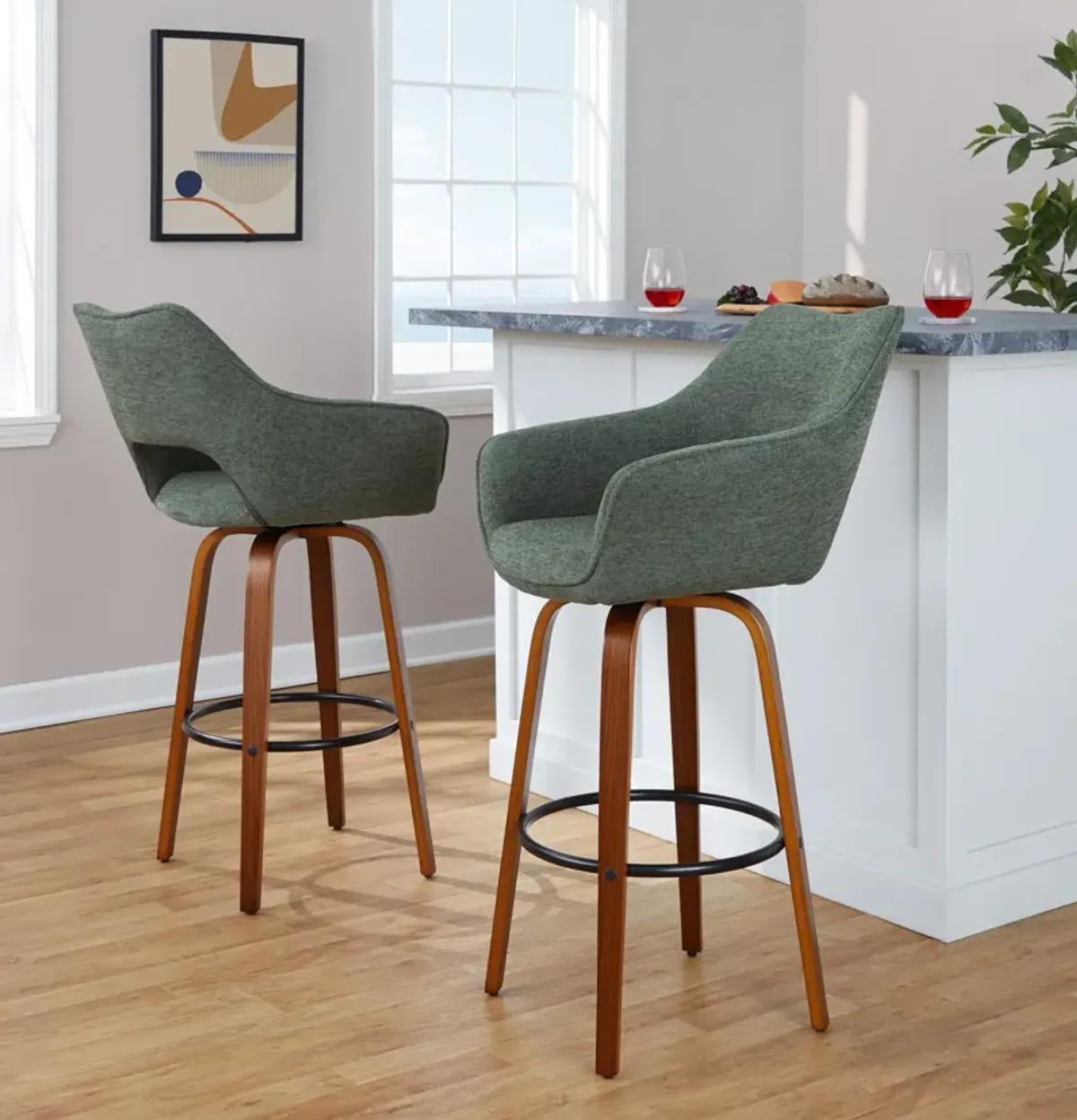 Casio Set of 2 Swivel Bar Stools - Green/Light Walnut