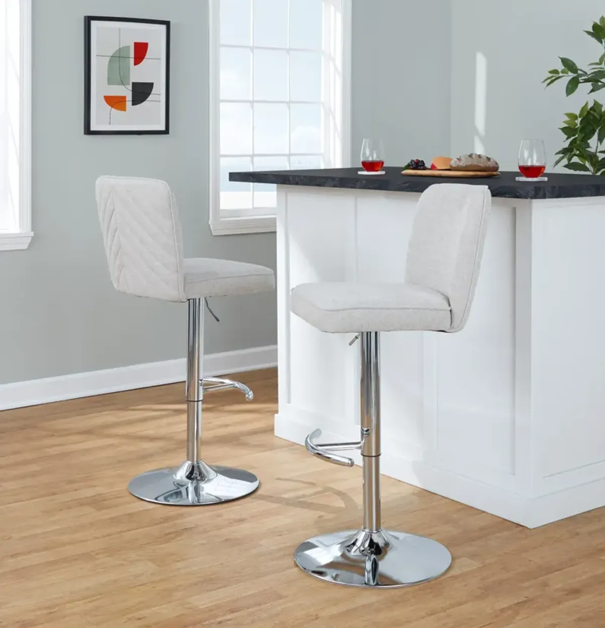 Robby Set of 2 Adjustable Swivel Bar Stools - Beige/Chrome