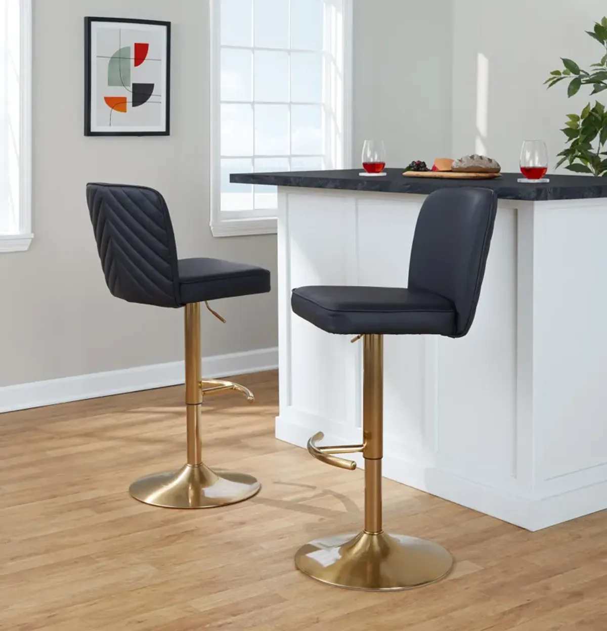 Robby Set of 2 Adjustable Swivel Bar Stools - Black Vegan Leather/Gold