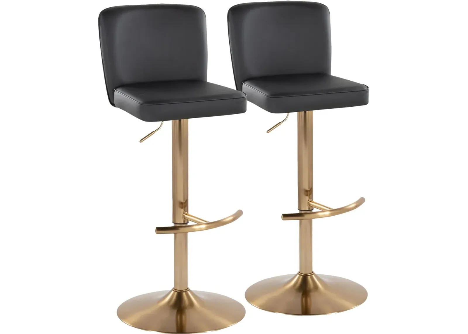 Robby Set of 2 Adjustable Swivel Bar Stools - Black Vegan Leather/Gold