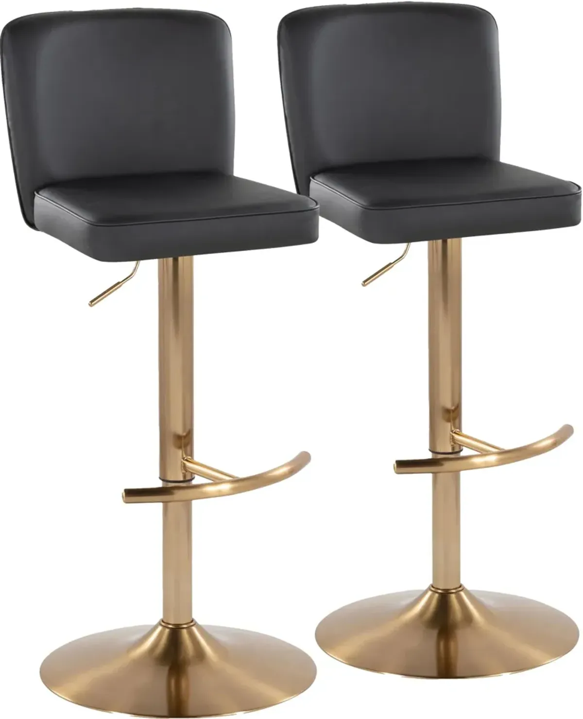 Robby Set of 2 Adjustable Swivel Bar Stools - Black Vegan Leather/Gold