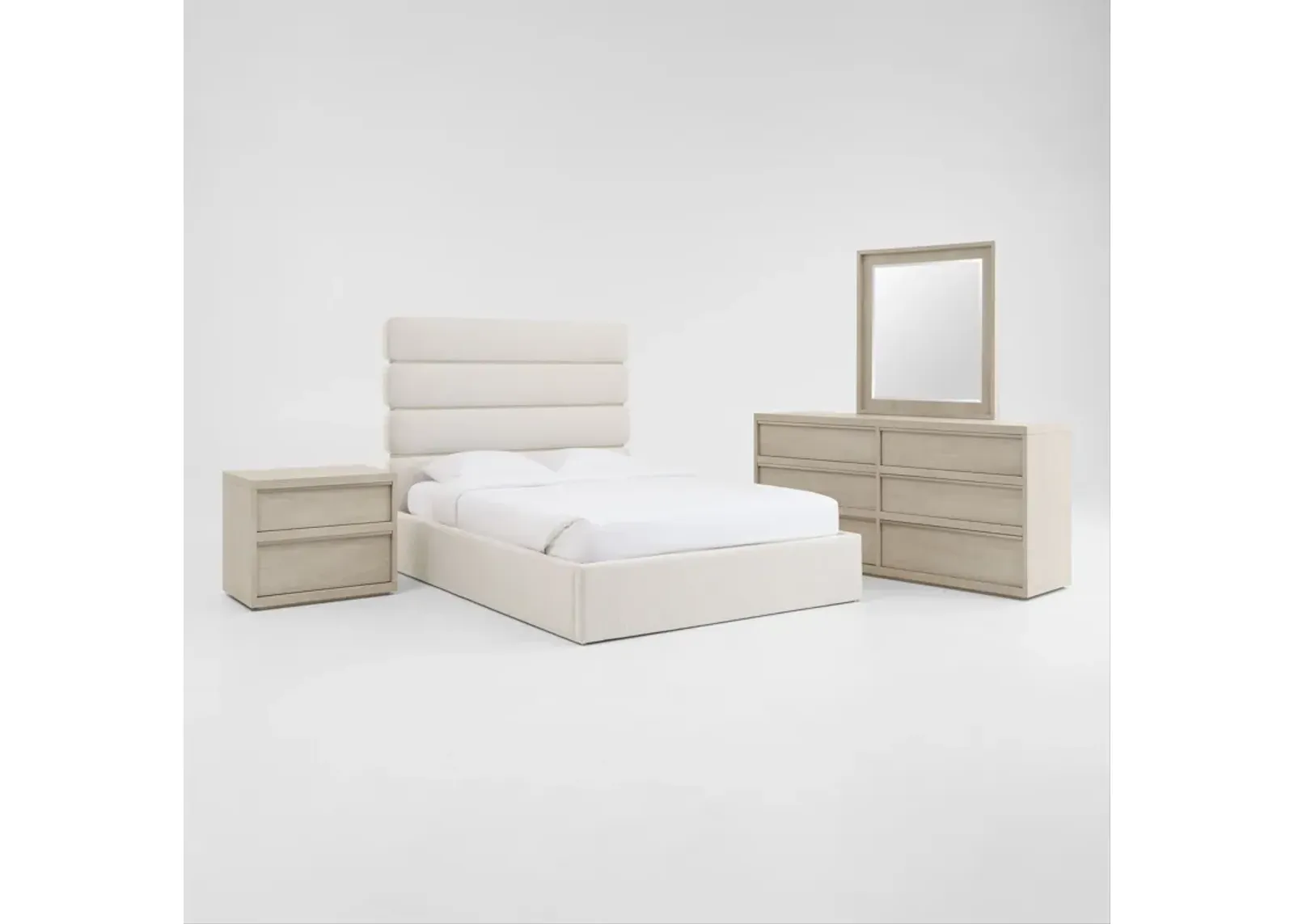 Artesia 6-Piece Upholstered King Bedroom Set with Dresser, Mirror and Nightstand