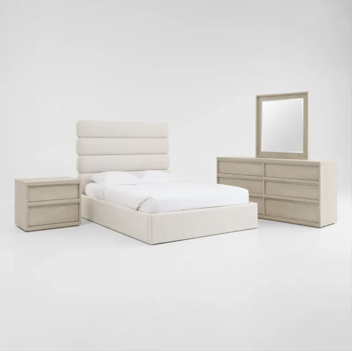 Artesia 6-Piece Upholstered King Bedroom Set with Dresser, Mirror and Nightstand