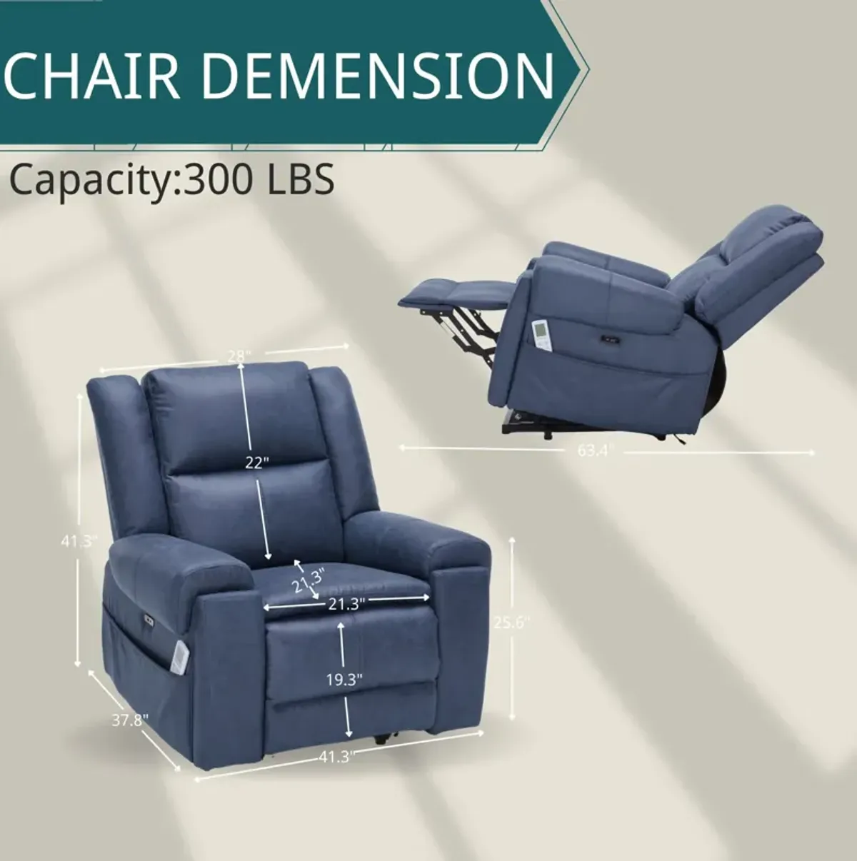 Elden Power Lift Heated Massage Recliner - Navy